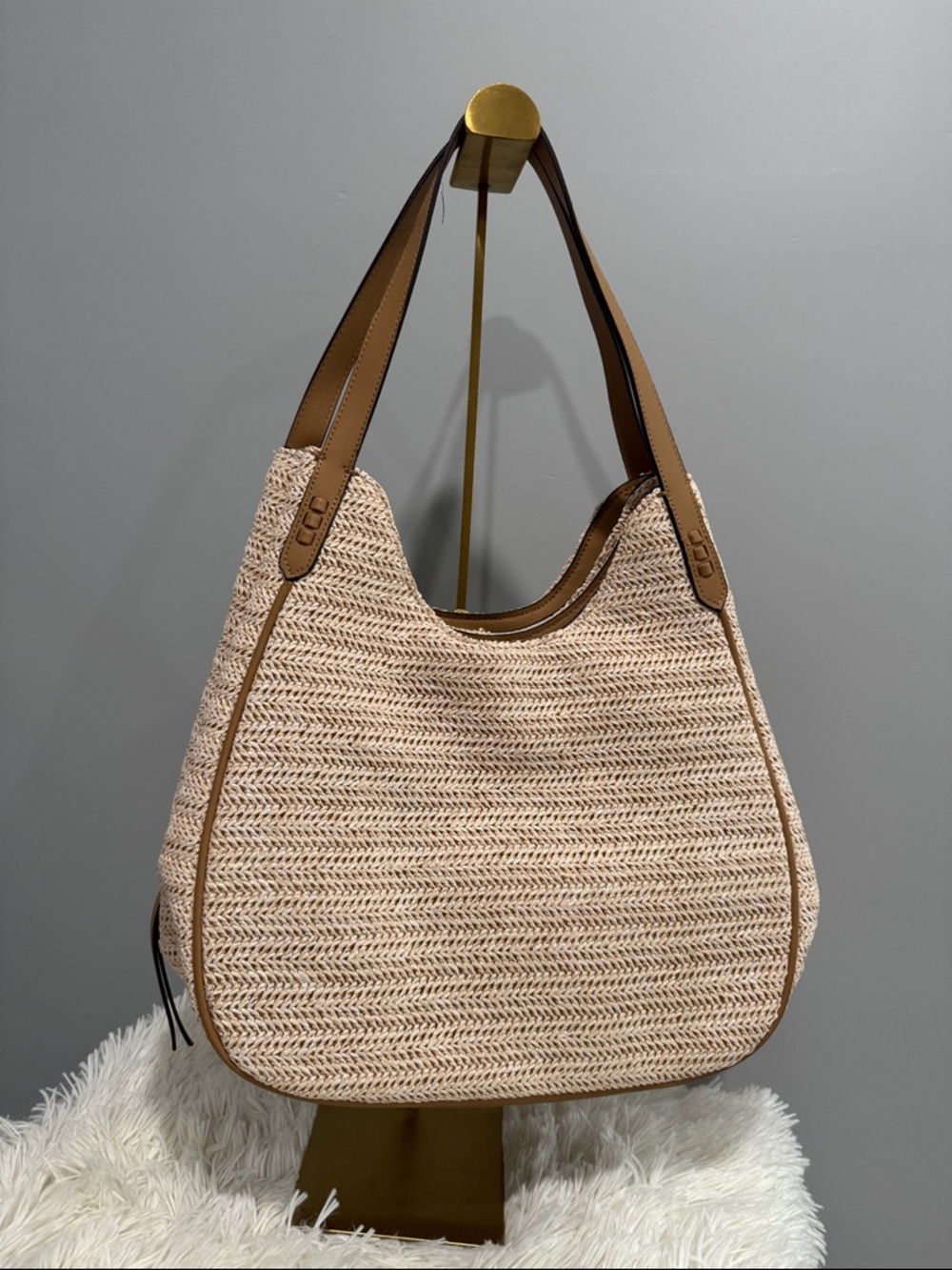 Style & Co. Woven Cream Shoulder Bag with Brown Trim